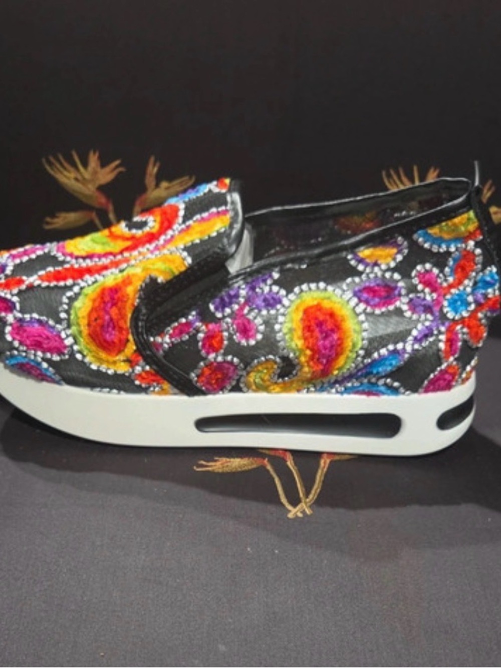 Embroidered Mesh  Slip-On Flats in Black with Multicolor Paisley